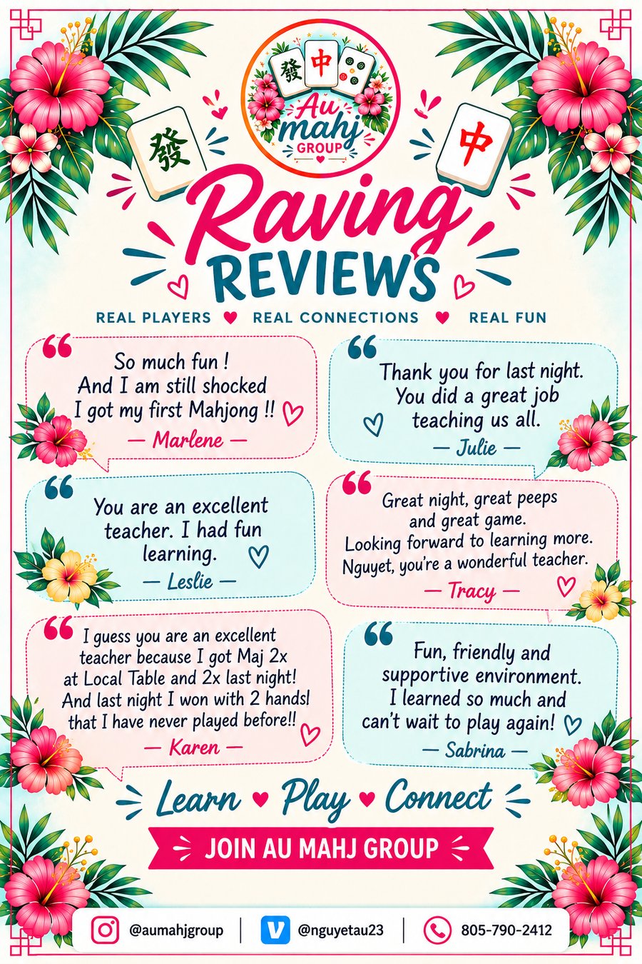Player reviews for Au Mahj Group, including a note from Julie: Thank you for last night, you did a great job teaching us all.